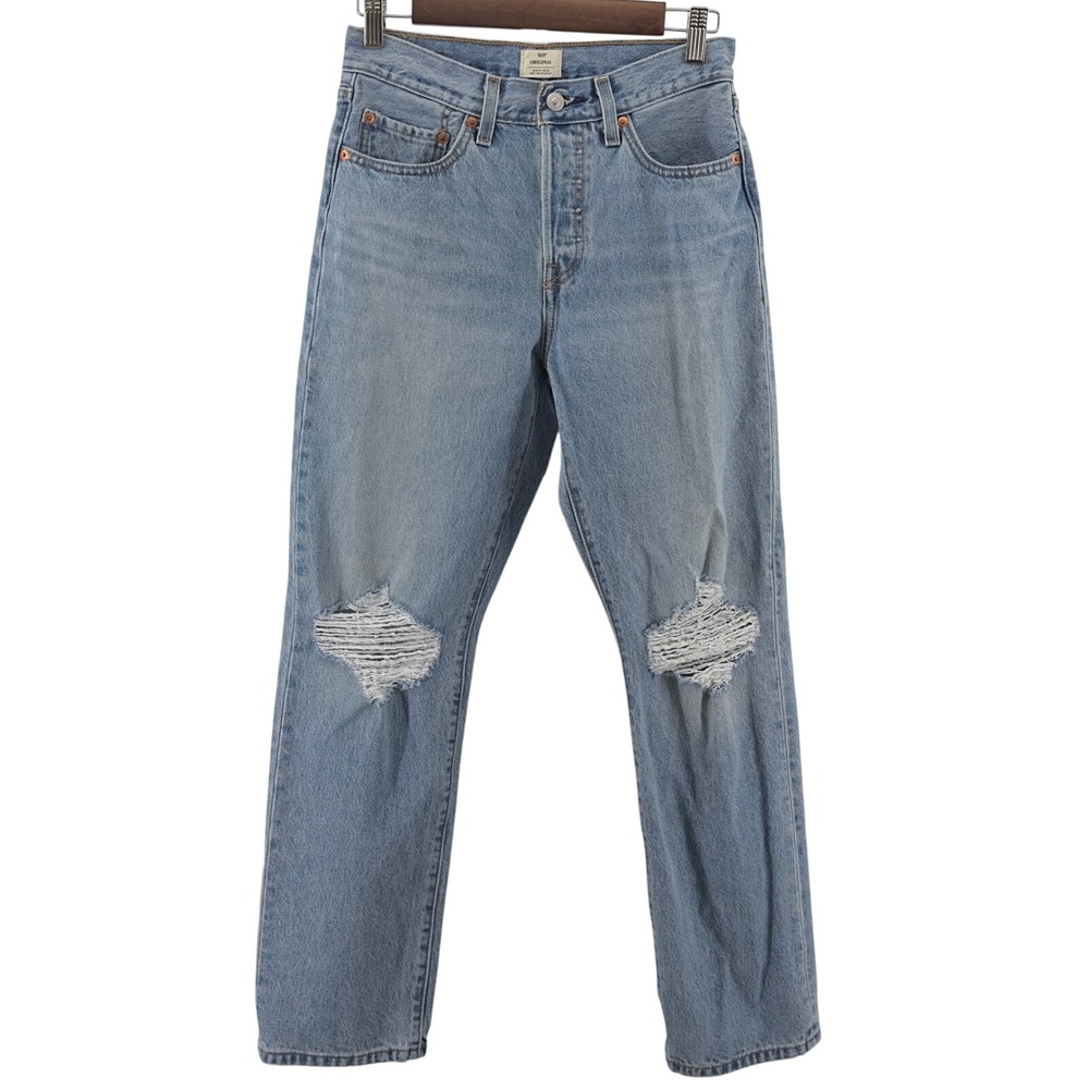 Levi Womens 501 Original Light Wash Blue Distressed Straight Leg Jeans W27 L30